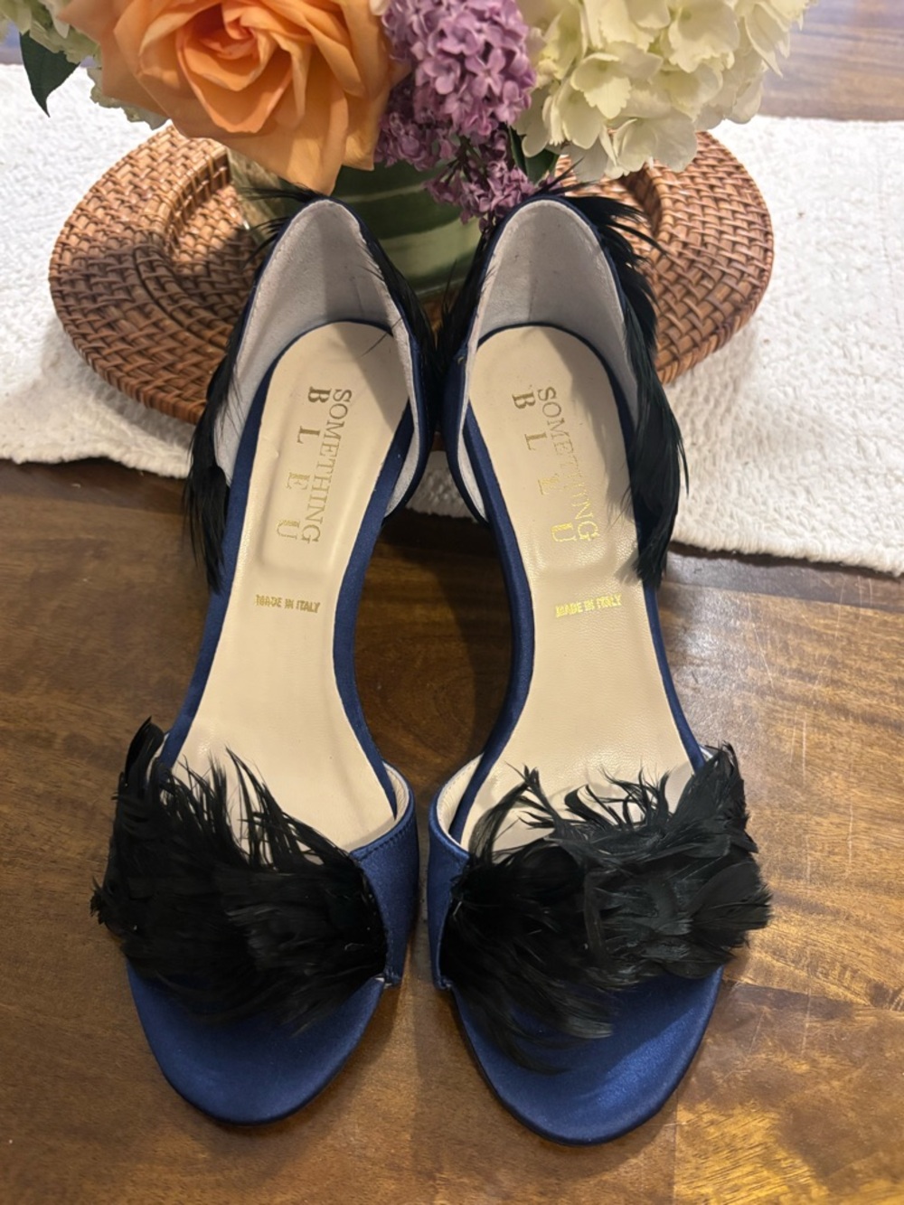 Something Bleu Bridal Navy Satin Heels with Black Feather Accents